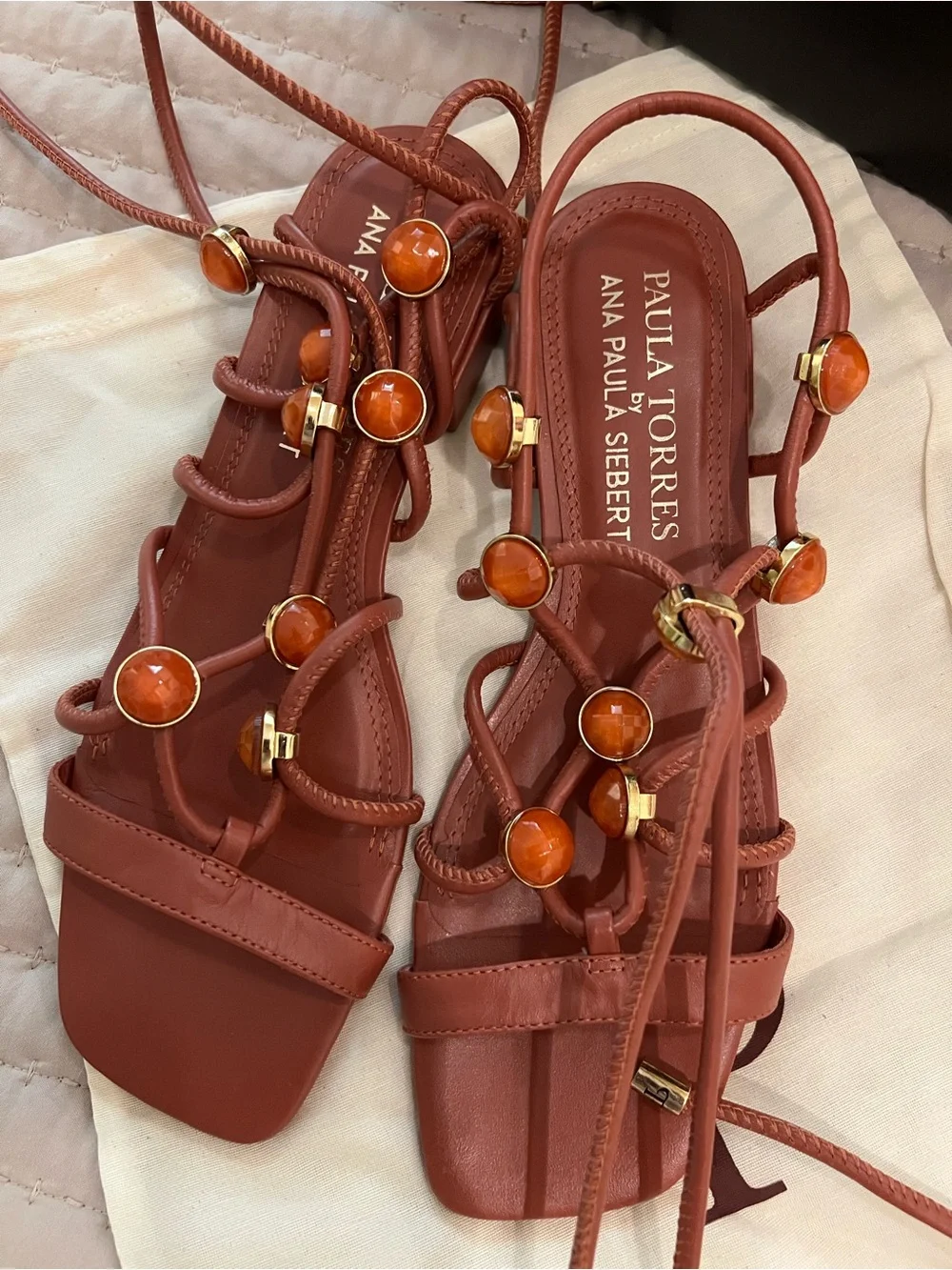 Rust Gem-Embellished Lace-Up Sandals